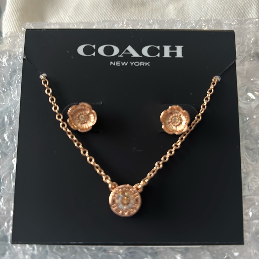 COACH Rose Gold Circle Stone Necklace and flower earrings set